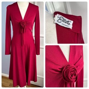 60s Vintage Miss Elliette Red‎ Dress Plunge Neck Rose Flower Midi Women's Size 8